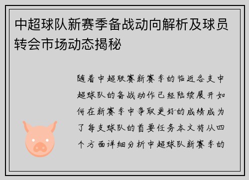 中超球队新赛季备战动向解析及球员转会市场动态揭秘
