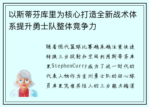 以斯蒂芬库里为核心打造全新战术体系提升勇士队整体竞争力